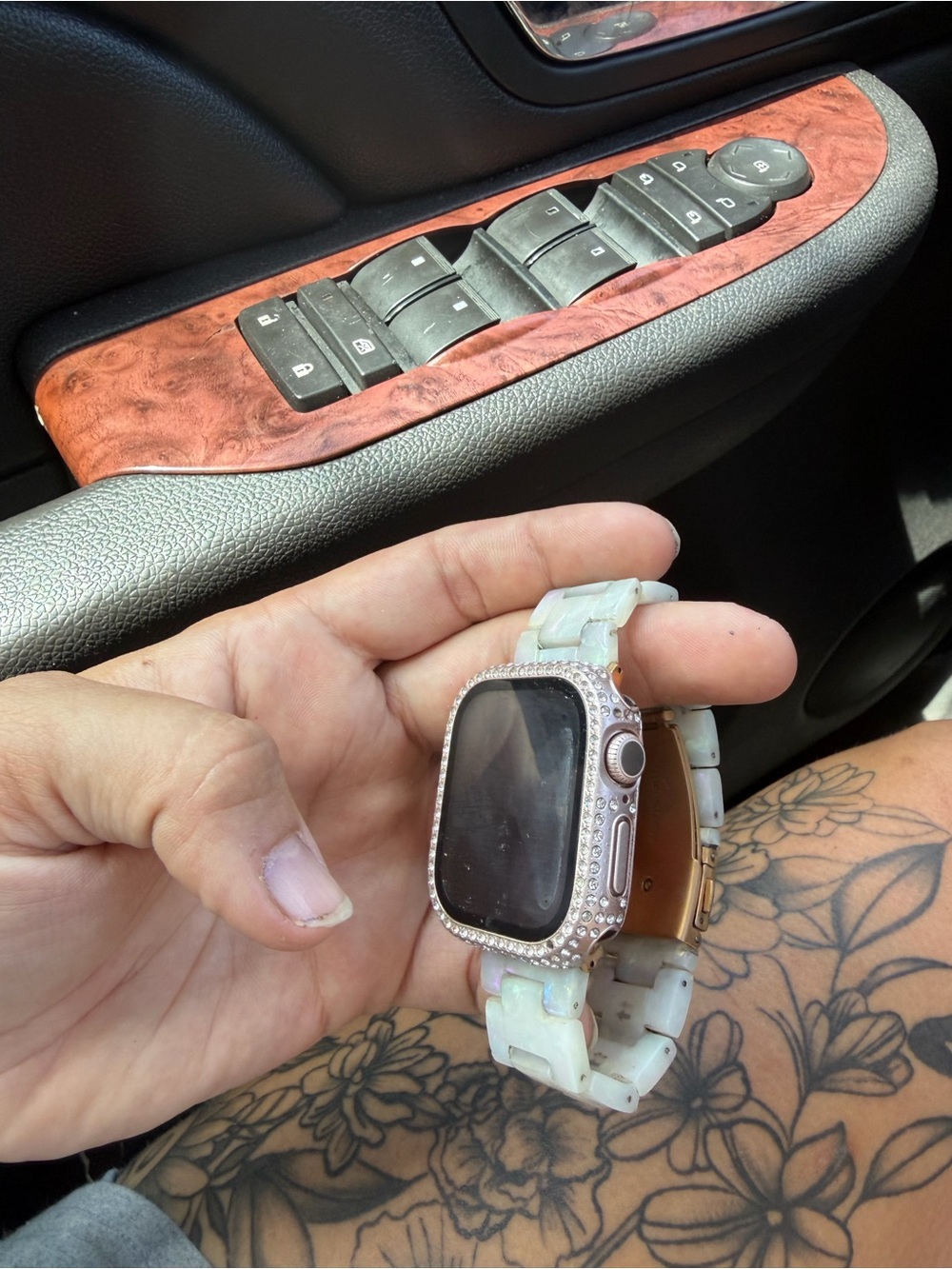 Apple Smartwatch with White Opal Band and Rose Gold Crystal Bezel